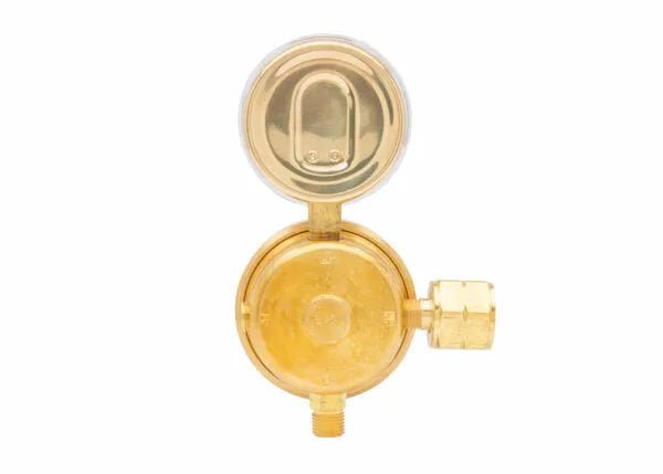 Harris 547NC-15-CL brass fuel gas regulator for welding, with pressure gauge and side fitting. WeldingMart welding tool.