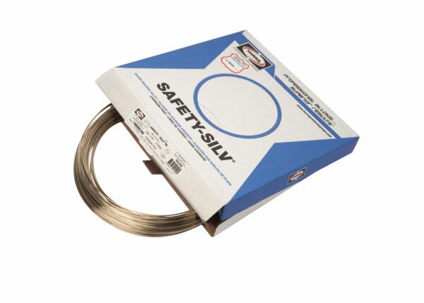 A partially opened box labeled “Harris 56350 - Safety-Silv 56 Silver Brazing Alloy, 1/16 in (1.6 mm), 50 toz” reveals coiled cadmium-free wires. The white box with blue accents is set against a plain background to showcase the product.