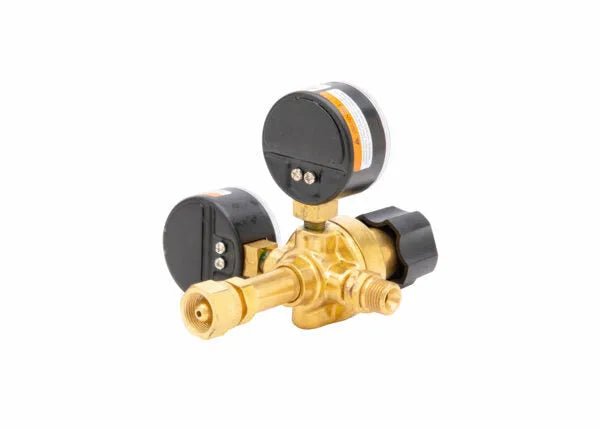 Harris 601-15-200-B Single Stage Acetylene Regulator for welding, with dual black gauges and knob, on white background.