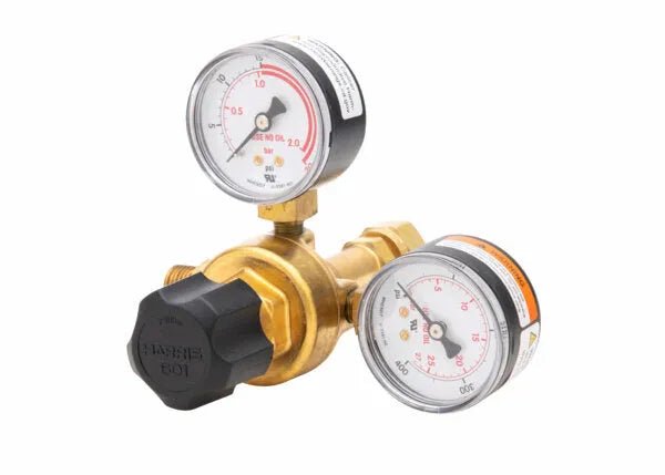 Harris 601-15-200-B Acetylene Regulator for welding, with dual gauges, black knob, brass body on white—WeldingMart tool.