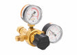 Harris 601-15-520-A single stage acetylene regulator for welding, with dual gauges, black knob, and threaded cylinder connectors.