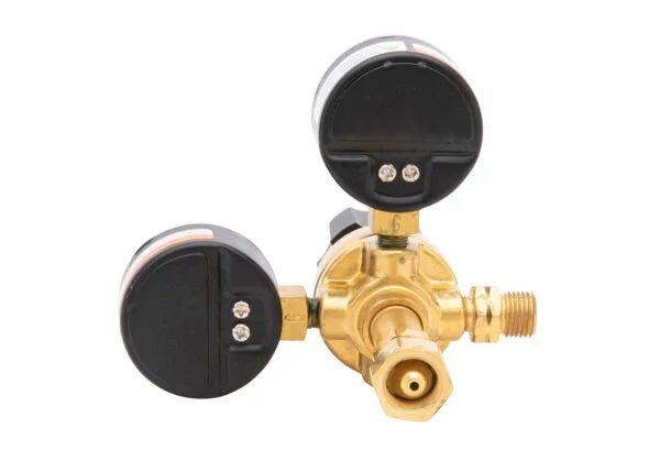 Harris 601-15-520-B Single Stage Acetylene Regulator for welding, dual black gauges, central nozzle, on white background.