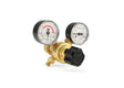 Harris 601-50-510P-B welding regulator, single stage, brass body, dual gauges, black knob—propane, propylene, MPS compatible.