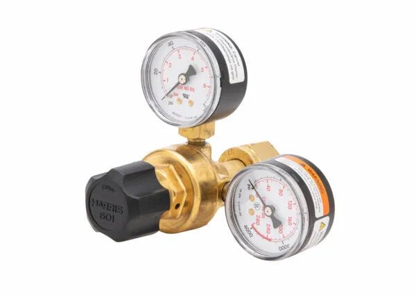 Harris 601-80-540-A single stage oxygen regulator with dual gauges, black knob, precise psi/kPa control—welding equipment.