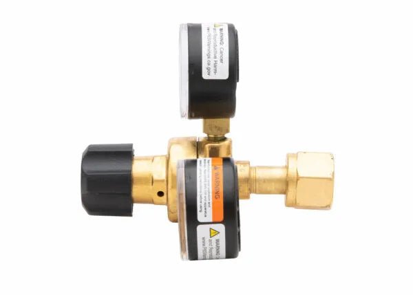 Harris 601-80-540-A Oxygen Regulator for welding, with dual gauges and black knob, side view on white—WeldingMart accessory.