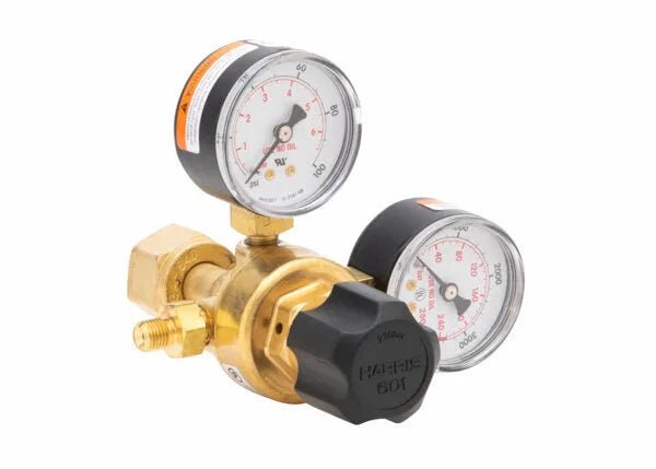 Harris 601-80-540-A single stage oxygen regulator with dual gauges, black knob; ideal welding tool at WeldingMart.