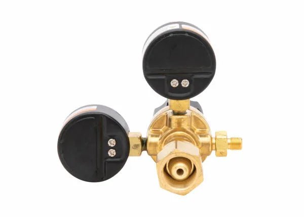 Harris 601-80-540-A Single Stage Oxygen Regulator (3000412) for welding, front view with twin black gauges on white background.