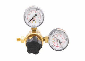 Harris 601-80-540-B single stage oxygen regulator for welding, dual gauges, black knob, clear dials, precise pressure control.