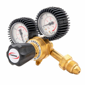 Harris 601-800-580 Argon Regulator for welding, with dual gauges, black covers, and control knob. WeldingMart welding accessory.