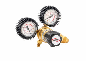 Harris 601-800-580 Argon Regulator with dual pressure gauges, black knob for welding or HVAC, shown on white background.