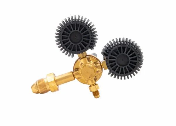 Harris 601-800-580 Argon Regulator for welding, HVAC, with dual black gauges and threaded connector. Welding tool on white background.