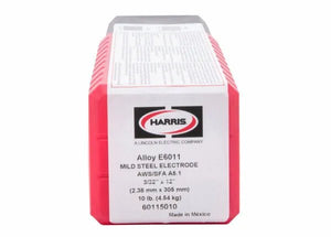 A red and white Harris box contains 6011 Stick SMAW Electrodes, 3/32 x 12, AWS A5.1, 10 lb (4.54 kg), product #60115010. Made in Mexico.