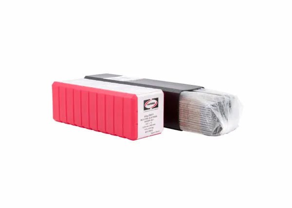 A rectangular box, partially open, reveals individually wrapped Harris 6011 Stick SMAW Electrode 3/32 12 10 Electrode (60115010) rods with red caps, stacked neatly in two rows; a white label shows black and red text.