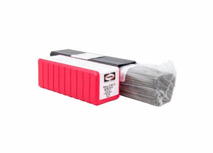 A Harris 6013 Stick SMAW Welding Rod 3/32 x 10 Box (60135010) is shown in a red plastic container with a black lid, holding gray welding rods wrapped in clear plastic. A labeled logo is visible, set against a plain white background.