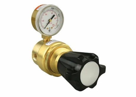Harris 647PM-125-000 Non-Corrosive Regulator for welding, single stage, analog gauge, brass body, black knob, WeldingMart.