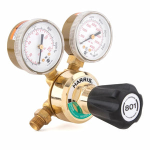 Harris 801-145-540 Single Stage Oxygen Regulator for welding, dual psi/kPa gauges, black 801 knob, HARRIS logo, WeldingMart tool.