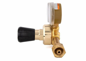 Harris 801-145-540 Single Stage Oxygen Regulator for welding, brass body, pressure gauge, side view on white background.