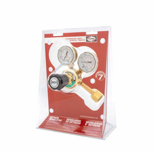 Harris 801-145-540 single stage oxygen regulator with dual gauges, black knob in clear case—ideal welding tool at WeldingMart.