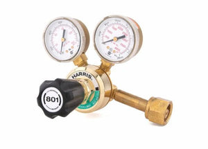 Harris 801-145-540 Single Stage Oxygen Regulator with dual gauges, large black knob, brass connector—ideal welding tool.