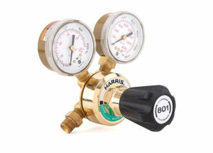 Harris 801-145-540 Oxygen Regulator with dual gauges, black knob—ideal welding equipment for accurate oxygen flow control.