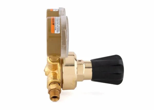 Harris 801-145-540 Single Stage Oxygen Regulator for welding, with gauge and black adjustment knob, side view on white background.