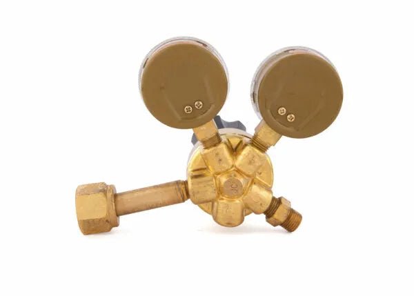 Harris 801-145-540 Oxygen Regulator with dual gauges and hex connector, welding tool for cutting, at WeldingMart. White background.