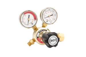 Harris 801-15-300 Single Stage Acetylene Regulator with dual gauges, black knob—industrial welding equipment from WeldingMart.