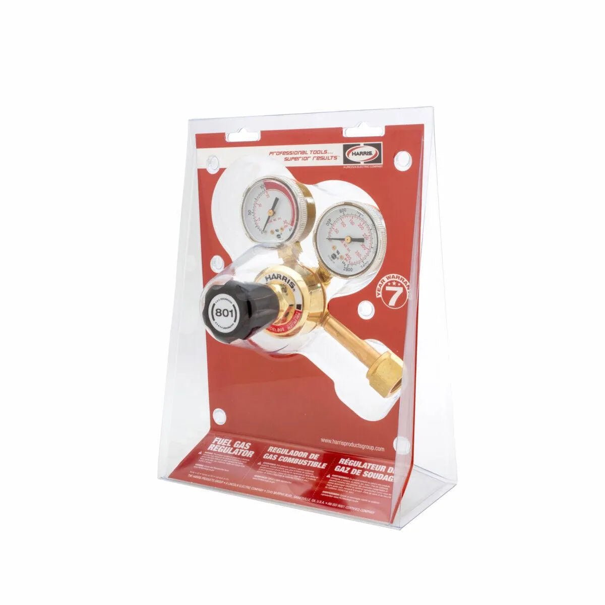 Harris 801-15-300 Single Stage Acetylene Regulator for welding, dual gauges, black knob, in a clear red/white case.