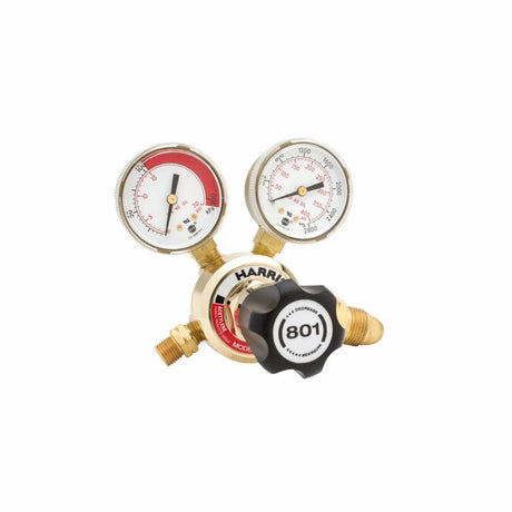 Harris 801-15-510 Single Stage Acetylene Regulator with dual gauges, knob, and valves—welding equipment for cutting jobs.