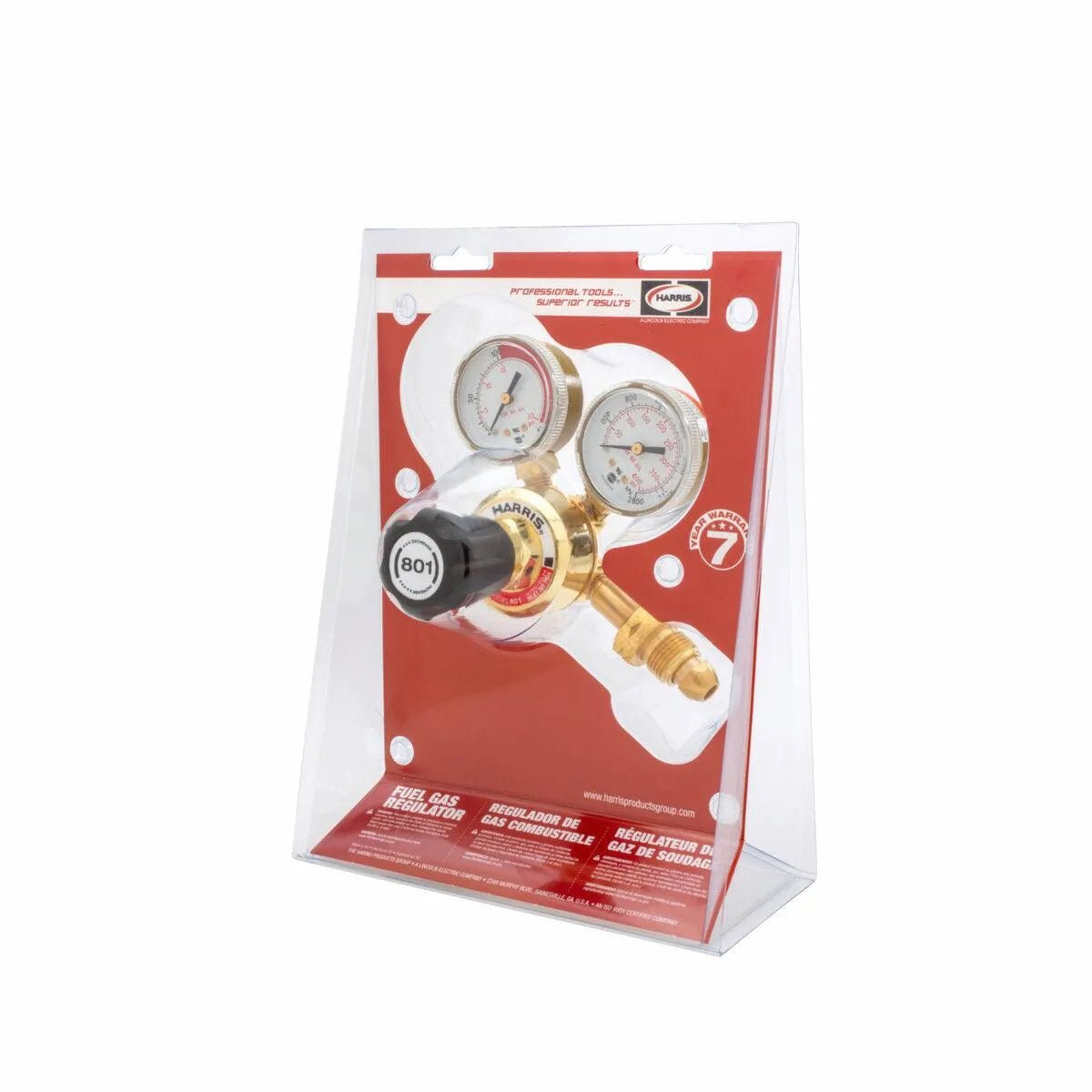 Harris 801-15-510 Acetylene Regulator for welding, dual gauges, black knob, brass connector, in clear case, WeldingMart tool.