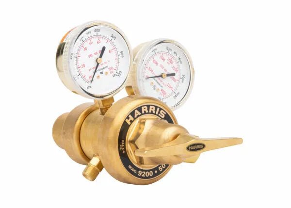 Harris 9200-125-320 Two Stage Air Regulator 3302225 for welding, with dual pressure gauges and adjustment handle, on white background.