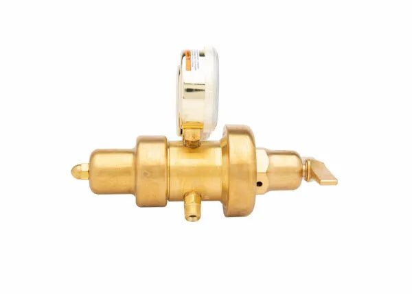 Harris 9200-125-320 Two Stage Brass Air Regulator with side pressure gauge for welding equipment, on white background.