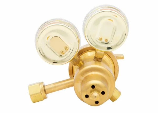 Harris 9200-125-320 CO2 two stage regulator for welding, brass body, dual gauges, connector. Welding tool on white background.