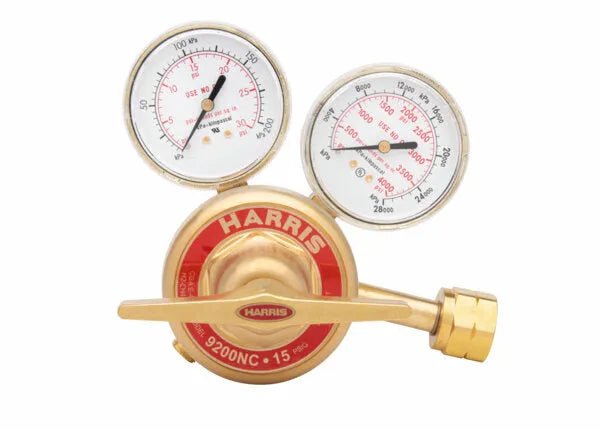 Harris 9200-125-350 Two Stage Hydrogen/Methane Regulator with gauges, top view, for lab welding equipment—WeldingMart.