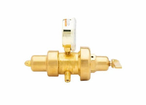 A brass two stage oxygen regulator valve with a gauge on top, viewed from the side, isolated on a white background—ideal for precision in welding applications.