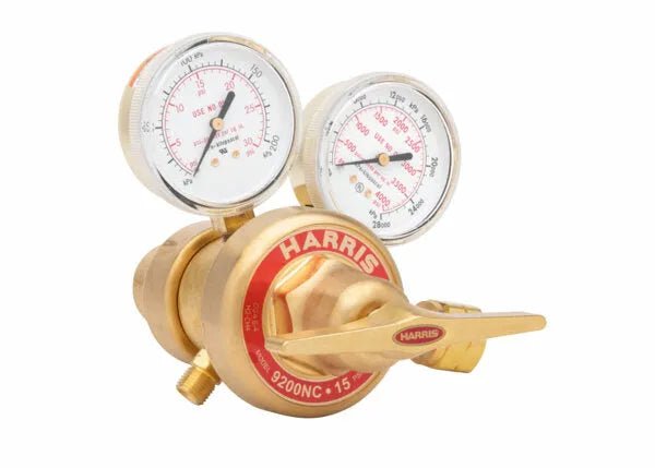 Harris 9200-200-350 two stage hydrogen/methane regulator for welding, brass body, dual gauges, knob, WeldingMart tool.