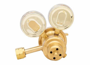 Harris 9200-200-350 Two Stage Hydrogen/Methane Welding Regulator with dual gauges, brass body, front view on white background.