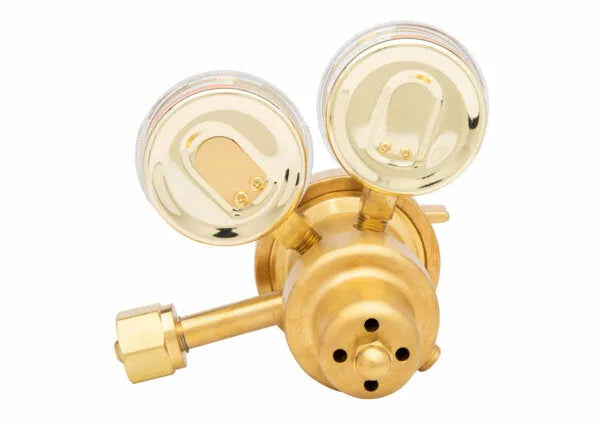 Harris 9200-250-346 Two Stage Air Regulator with dual gauges and connector, top view, ideal for welding equipment control.