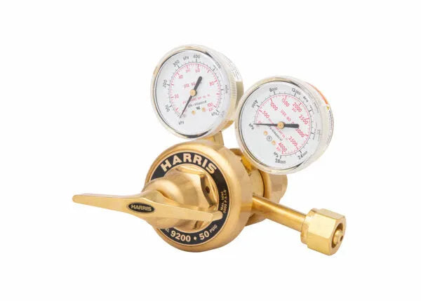 Harris 9200-250-346 Two Stage Air Regulator for welding, brass, dual gauges, control valve, precise air flow, WeldingMart tool.