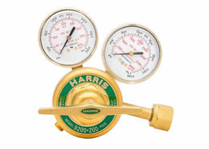Harris 9200-250-540 Two Stage Oxygen Regulator for welding, with dual gauges and 200 PSIG green label, on white background.