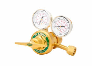 Harris 9200-250-540 Two Stage Oxygen Regulator for welding, dual HARRIS gauges, green-gold front, left valve, right connector.