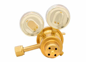 Harris 9200-250-540 Two Stage Oxygen Regulator for welding, with dual gauges and connector, shown on white—WeldingMart tool.