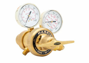 Harris 9200-250-590 Two Stage Welding Regulator with dual psi/kPa gauges, control lever, model 3302229 for welding tools.