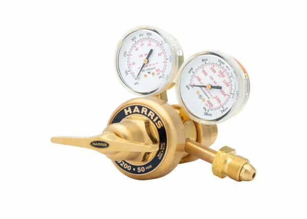 Harris 9200-250-590 Two Stage Brass Regulator with dual gauges for precise welding gas control – WeldingMart accessory.