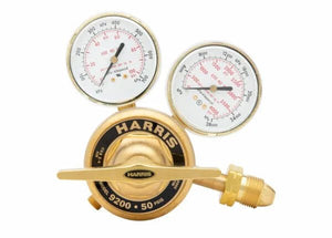 Harris 9200-250-590 Two Stage Regulator with dual gauges and control knob for precise welding gas pressure control and accuracy.