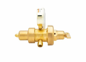 Harris 9200-50-320 Two Stage CO2 Regulator for welding, brass body, dual gauge, multi-connection, on white background.