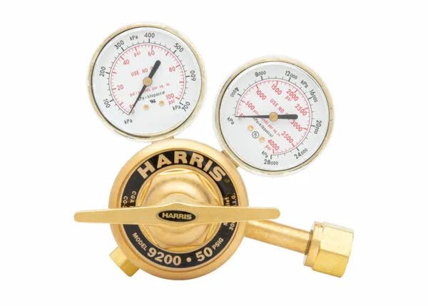 Harris 9200-50-320 Two Stage CO2 Regulator for welding, dual gauges, labeled dial, WeldingMart tool on white background.