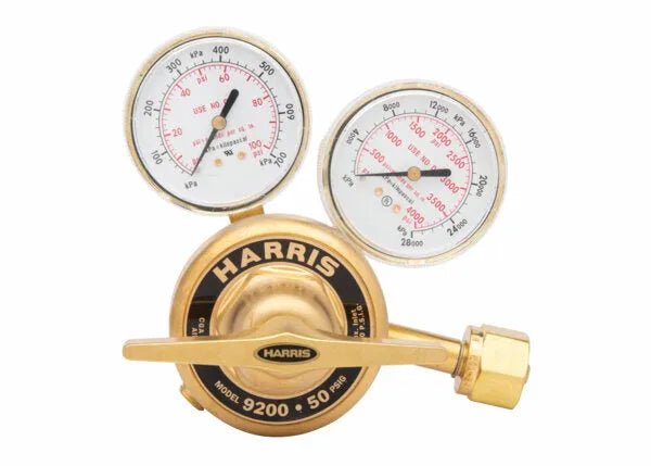 Harris 9200-50-346 Two Stage Welding Regulator with dual gauges and large adjustment knob on white, welding equipment accessory.
