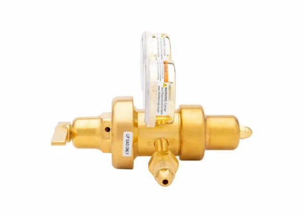 A brass LPG regulator valve with a label and attached gauge, ideal for welding applications, isolated on a white background.