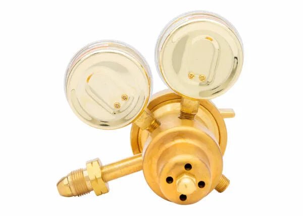 A brass two stage regulator with two round pressure gauges and a threaded inlet connection, viewed from above on a white background, ideal for LPG regulator use in welding applications.